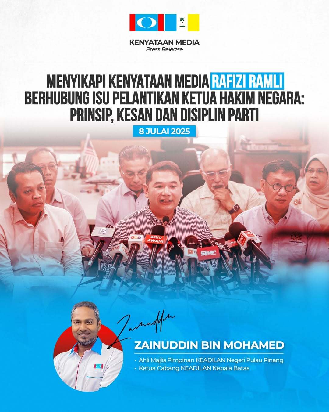 Poster kenyataan: Menyikapi Kenyataan Media YB Rafizi Ramli Berhubung Isu Perlantikan Ketua Hakim Negara: Prinsip, Kesan Dan Disiplin Parti