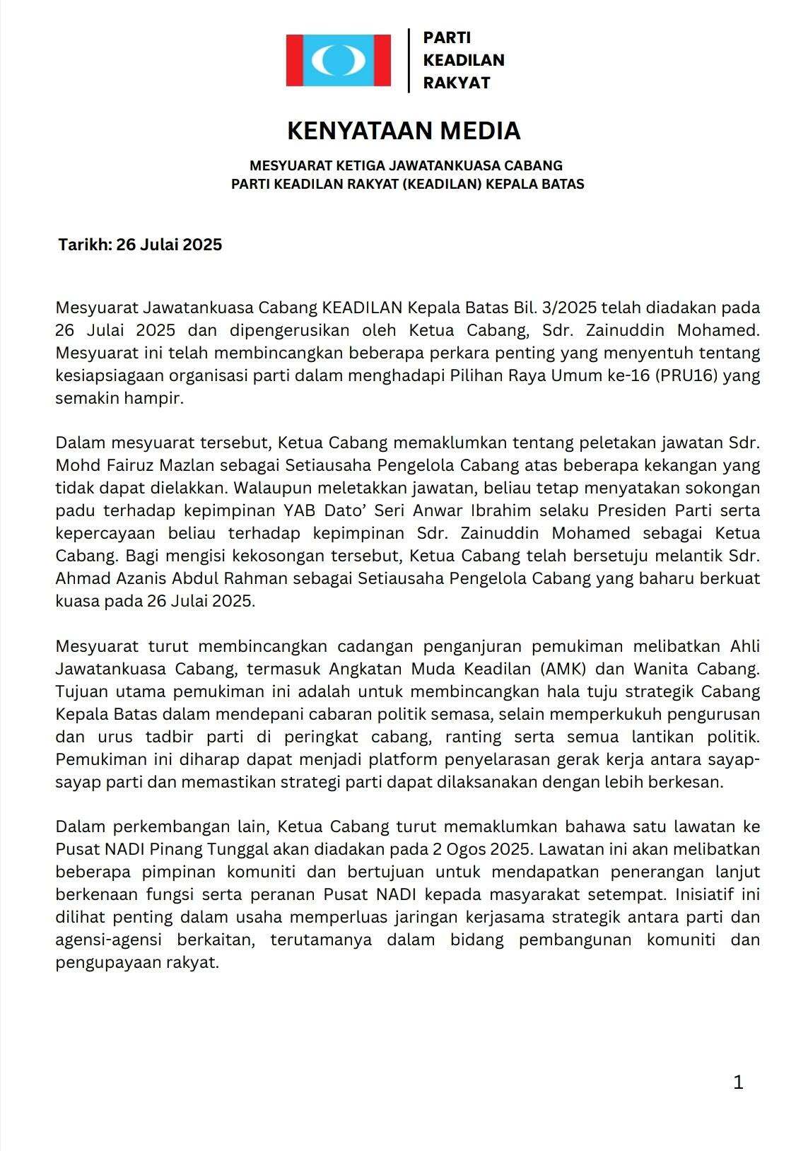 Poster kenyataan: KENYATAAN MEDIA MESYUARAT JAWATANKUASA KEADILAN CABANG KEPALA BATAS – Bil. 3